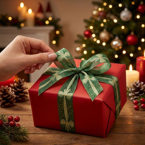 Product Green Decorative Ribbon with Bow Pattern - 25mm x 18m for Gift Wrapping and Crafts