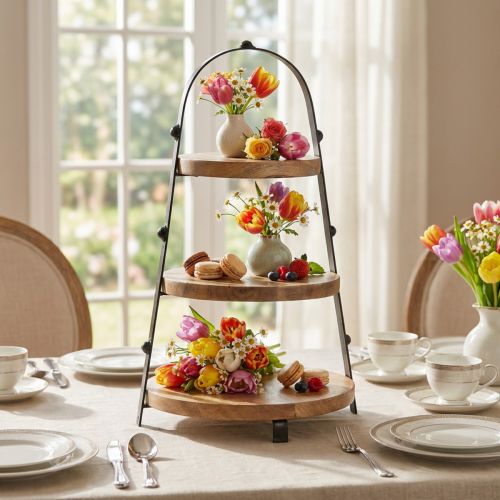 3-Tier Wooden Stand with Black Metal Handle - Ø30cm, H52cm | Floristik24.co.uk