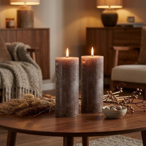 Large brown pillar candles, solid-colored smoky brown, rustic design, 100h burn time, elegant decoration, set of 2, 85x200mm | Floristik24.co.uk