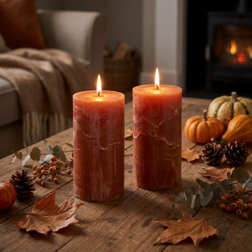 Pillar candles, set of 2, dark orange, 85 x 150 mm, solid color, long burning time – decorative candles for living spaces, festive occasions and romantic settings | Floristik24.co.uk