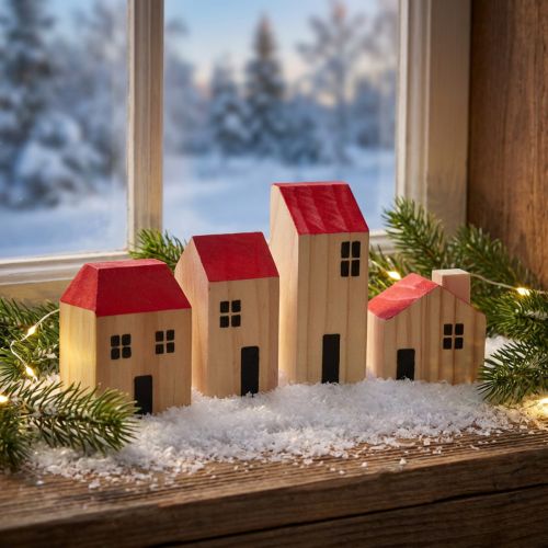 Wooden house decoration houses wood natural red 4 pieces | Floristik24.co.uk