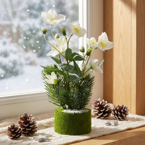 Artificial Christmas Rose with Pine and Moss Ball - Snow-Dusted White, 33cm | Floristik24.co.uk