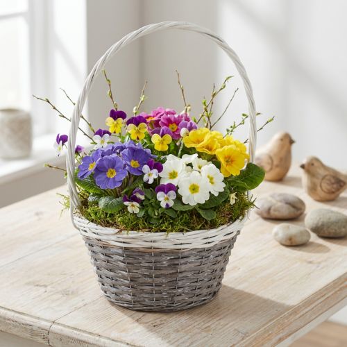 Willow basket with handle, grey and white, Ø29cm, gift, flower decoration | Floristik24.co.uk