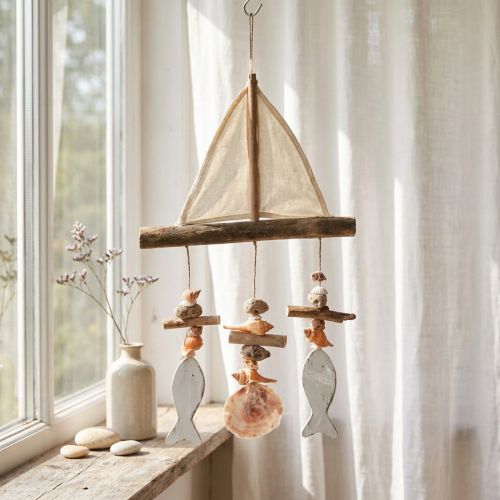 Product Wind chime sailing ship decoration fish wood white natural H56cm