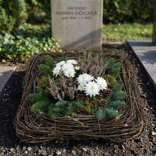 Decorative plant cushion with natural twigs, 40x40 cm - Ideal for funeral arrangements and grave decorations, natural rattan design | Floristik24.co.uk
