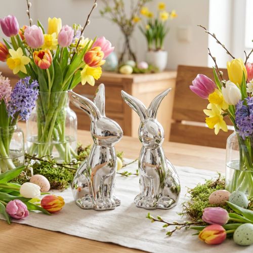 Decorative Easter Bunny Ceramic Decorative Bunny Sitting Silver 18cm 2 Pcs | Floristik24.co.uk