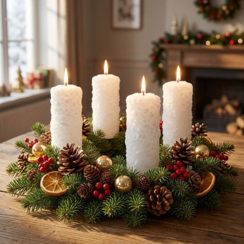Advent candle set of 4 - White pillar candles with snowball effect and frost pattern, Christmas decoration 150/60mm | Floristik24.co.uk