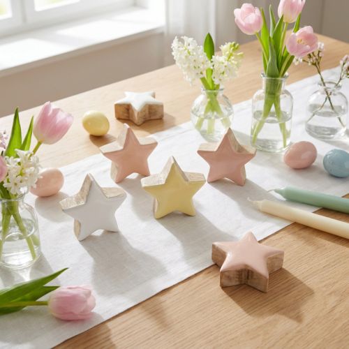 Product Scatter decoration stars wooden stars pink white yellow Ø3cm 9 pcs