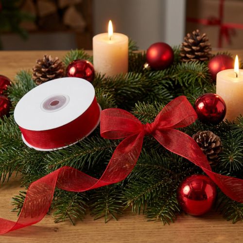 Organza ribbon with selvedge ribbon organza fabric 15mm 50m red | Floristik24.co.uk