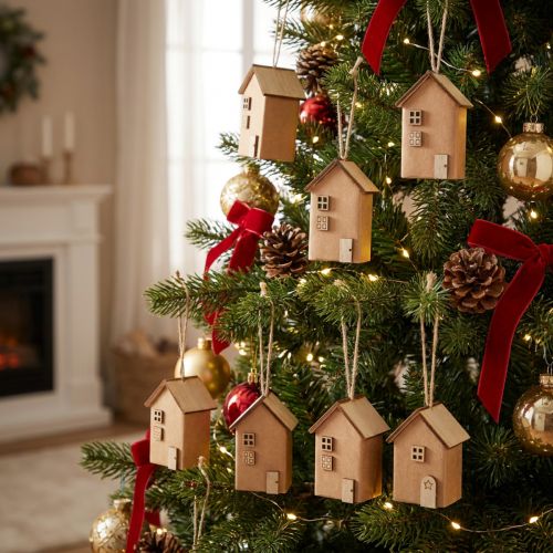 Decorative House 9 Pieces Christmas Tree Ornaments Reddish Brown Wood | Floristik24.co.uk