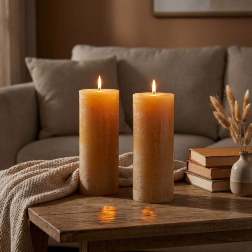 XXL pillar candle set, honey-colored, creates a cozy atmosphere, 85x200mm, 100h burning time, pack of 2 | Floristik24.co.uk