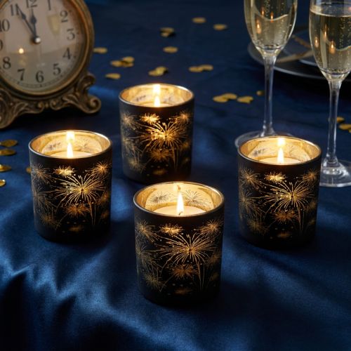 Set of 6 glass lanterns, black and gold, firework design, festive decoration, 9cm | Floristik24.co.uk