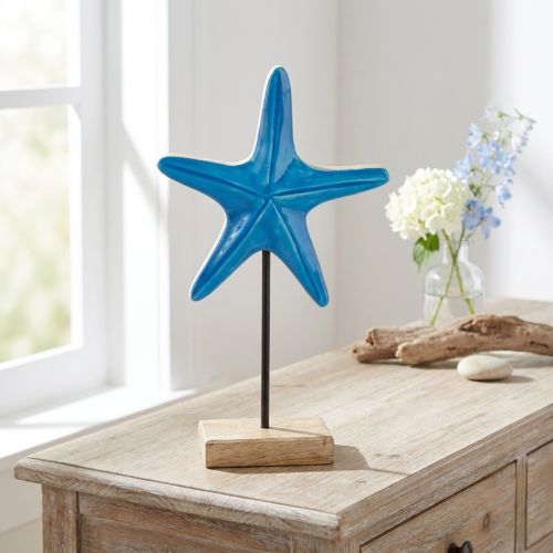 Product Starfish decoration on base maritime natural blue wood H25cm