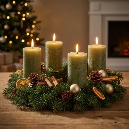 Solid-colored olive green pillar candles 60×80mm, pack of 4, for decoration & Advent | Floristik24.co.uk
