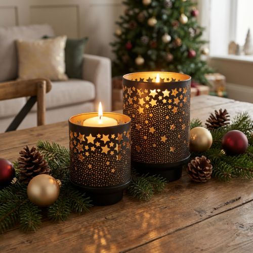 Candle holder metal black/gold stars H13.5cm/19cm set of 2 | Floristik24.co.uk