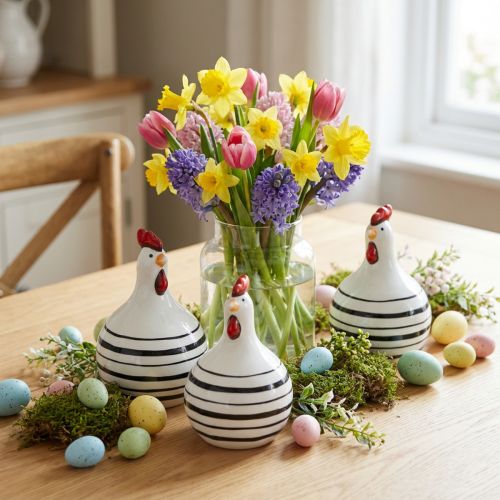 Decorative Chicken Ceramic White with Black Stripes Round Ø 7cm H11cm 3 pcs | Floristik24.co.uk