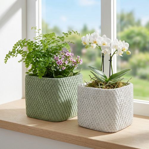 Planter ceramic white green relief mesh 17x17cm H15cm 2pcs | Floristik24.co.uk