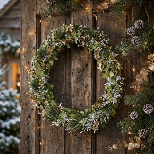 Christmas Wreath 45cm Oak Leaves and Thistle Dried Decoration in Green, White, and Gold | Floristik24.co.uk