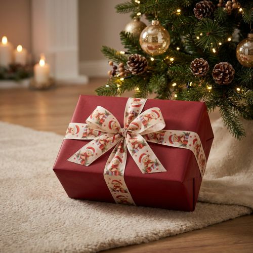 Product Christmas Ribbon with Bear Design 40mm x 15m in Cream, Red, and Green