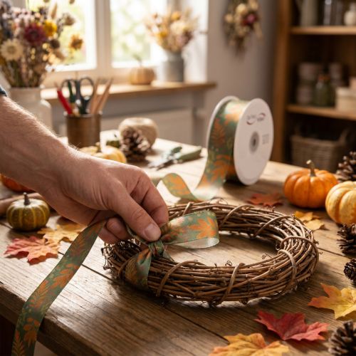 Product Dekorative Autumn Leaf Ribbon 40mm x 15m Green Orange