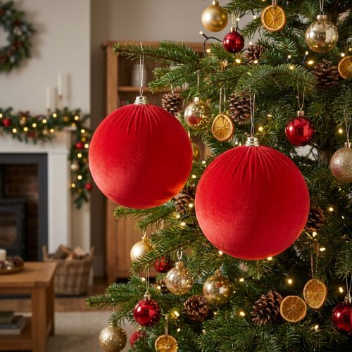 Product Velvet Red Christmas Bauble Set, 25cm, Hanging Decoration, 2 Pieces