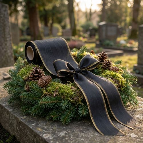Elegant moiré wreath ribbon, 175mm black with pearl edge and taffeta weave, decorative ribbon for funeral floristry, bow ribbon, 25m | Floristik24.co.uk