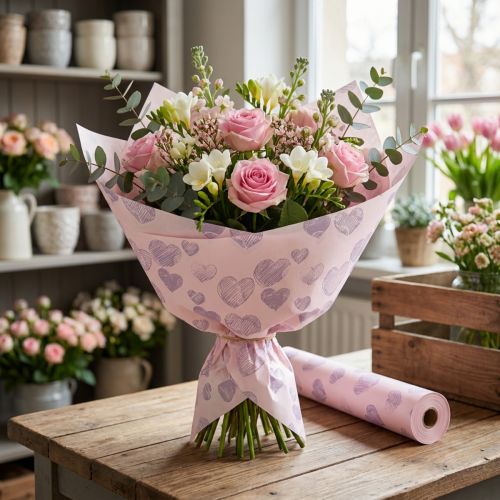 Product Floral wrapping paper with heart motifs for decorative flower creations, 25cm x 25m