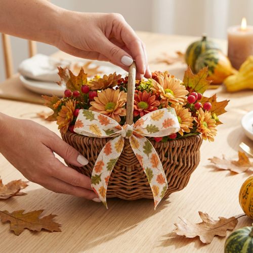 Product Gift ribbon, autumn fabric ribbon with oak leaves, cream, 15mm, 18m