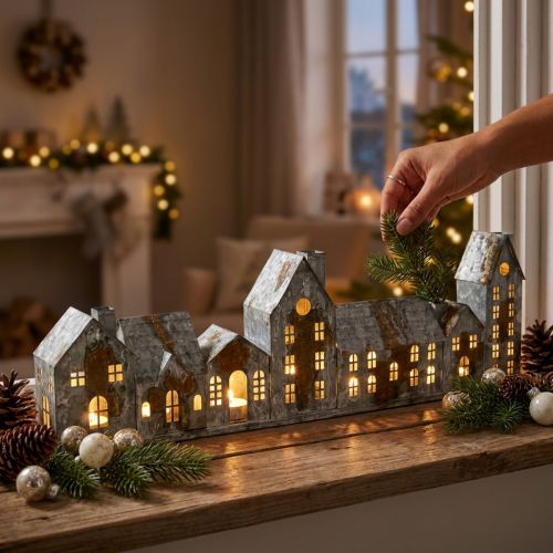 Product Light-up houses, window decorations, silver light houses, antique-look metal lantern, L67.5cm H20cm
