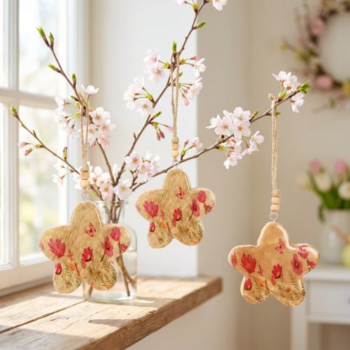 Product Wooden Spring Flowers Hanging Ornaments H9cm 4 pcs