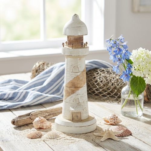 Wooden Lighthouse Decoration in Natural and White – H28.5cm Ø10.5cm | Floristik24.co.uk