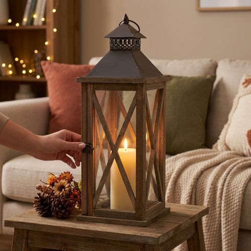 Decorative Lantern Wood Vintage Wooden Lantern Brown 17×17×50cm | Floristik24.co.uk