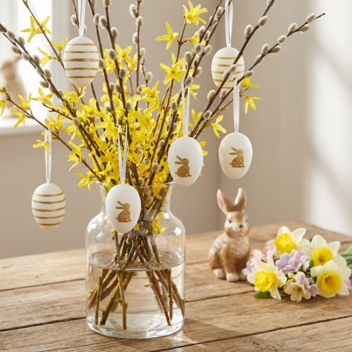 Easter eggs for hanging white, gold artificially sorted H6cm 12pcs | Floristik24.co.uk