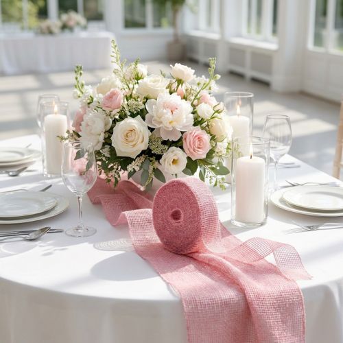 Product Jute ribbon, net ribbon, table ribbon, decorative ribbon, light pink jute, 5cm wide, 40m long