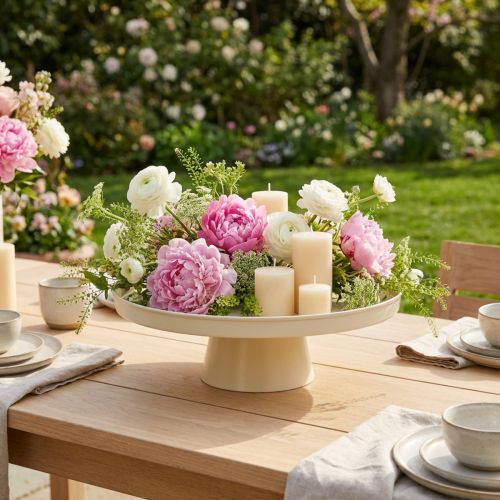 Round Cream Decorative Tray on Stand, Metal, 30 cm Diameter | Floristik24.co.uk