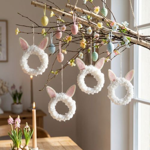 Easter decoration decorative ring rabbit ears door decoration white Ø13cm 4pcs | Floristik24.co.uk