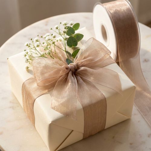 Product Organza ribbon gift ribbon beige ribbon woven edge taupe 40mm 50m
