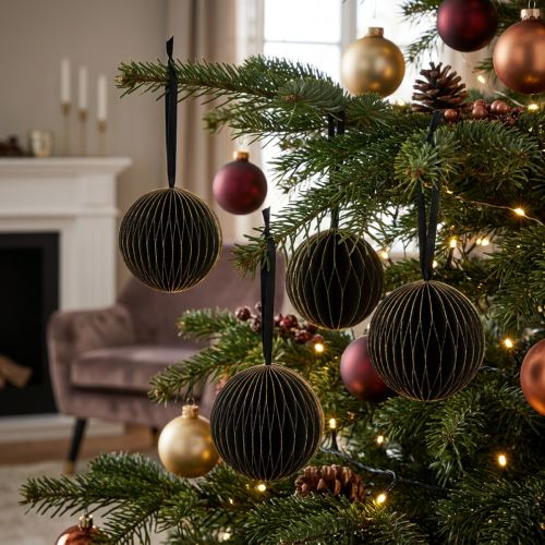 Honeycomb balls Christmas honeycomb balls black gold Ø7cm 4pcs | Floristik24.co.uk