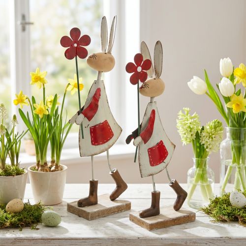 Easter decoration, rabbit made of metal, spring decoration, Easter bunny with flower red, beige H21cm 2pcs | Floristik24.co.uk