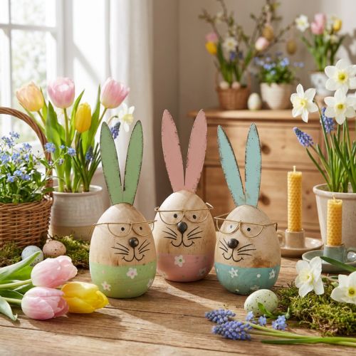 Easter bunny with glasses decorative figure wooden egg Ø5cm H13.5cm 3pcs | Floristik24.co.uk