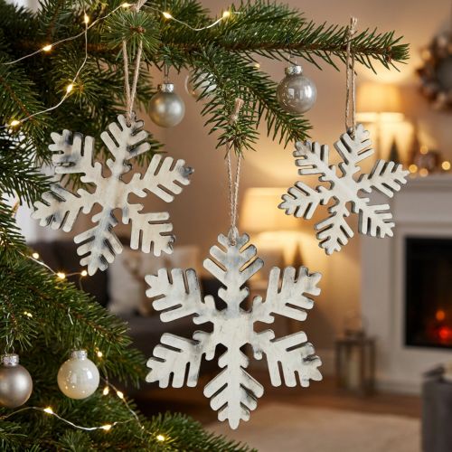 Wooden snowflakes white-grey sort. 7-12cm 6pcs | Floristik24.co.uk