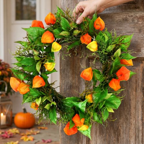 Artificial Physalis Wreath Orange, Green Ø28cm Autumn Decoration | Floristik24.co.uk