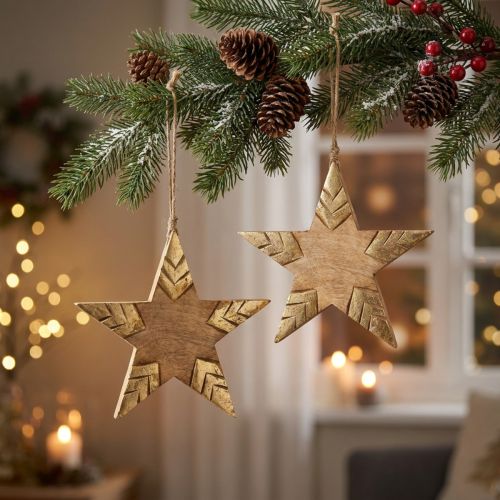 Star mango wood natural, golden wooden star large to hang 25cm 2pcs | Floristik24.co.uk
