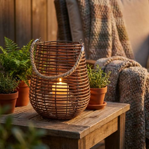 Tealight holder in a basket Lantern with handle Summer decoration Ø24cm H34cm | Floristik24.co.uk