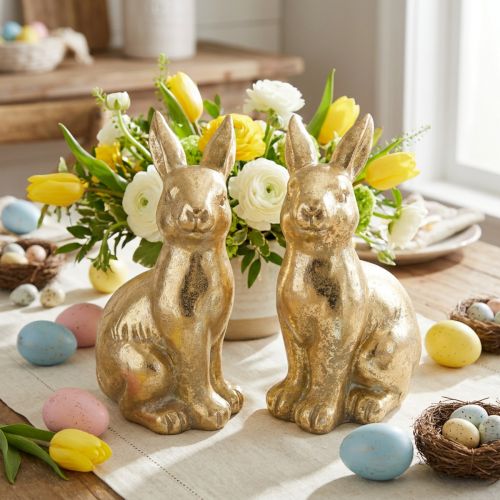 Decorative bunny gold sitting, bunny to decorate, pair of Easter bunnies, H16.5cm 2pcs | Floristik24.co.uk