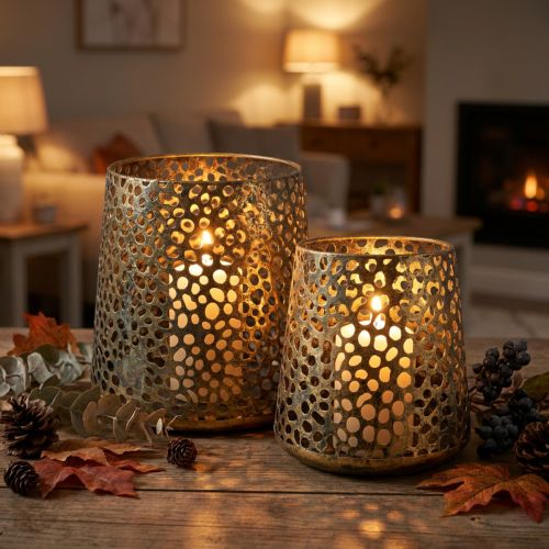 Wind light lantern golden Ø14/20.5cm H14.5/19.5cm set of 2 | Floristik24.co.uk
