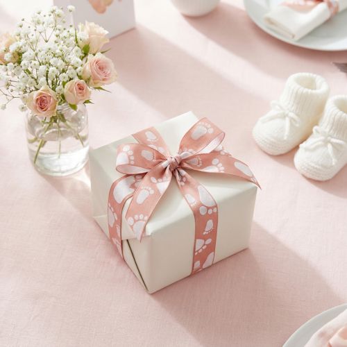 Product Gift ribbon for birth and baptism Baby feet Pink ribbon 25mm, 16m