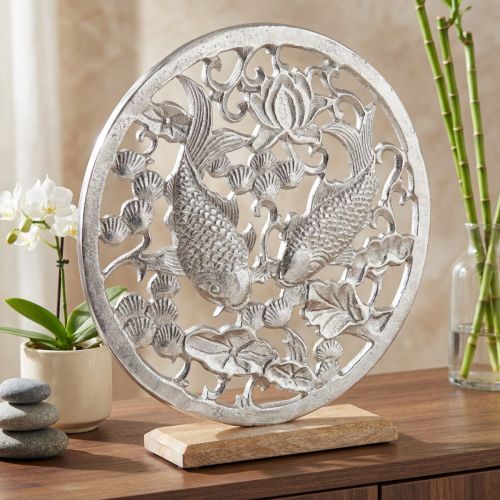 Decorative ring metal wood base silver lotus koi decoration Ø32cm | Floristik24.co.uk