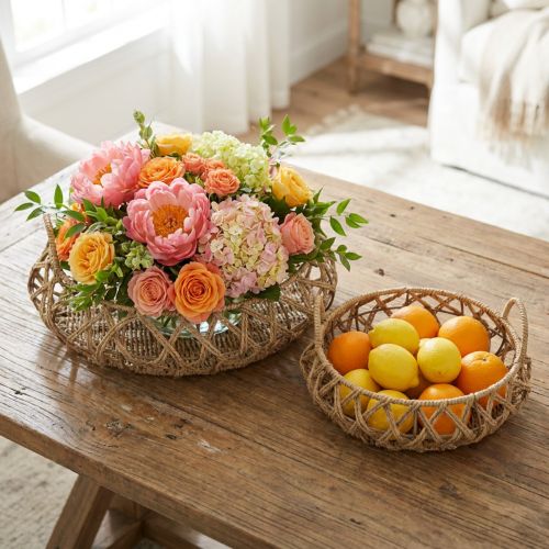 Set of 2 decorative baskets, metal, natural look, woven bowl with handle, brown beige, Ø38/29cm | Floristik24.co.uk