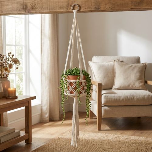 Macrame Hanging Decoration Boho Style Ø12cm H79cm Cream - Hanging Planter Wall Decoration | Floristik24.co.uk
